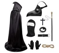 Set di oggetti di scena - Maschera da uccello retrò in pelle con maschera integrale, bastone, mantello nero con cappuccio, guanti, collana con croce, cintura con fibbia ad anello per Halloween e