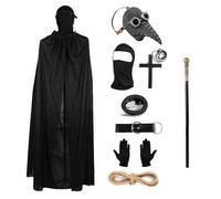 Set di oggetti di scena per Halloween, Maschera da uccello retrò in pelle gotica maschera da dottori della peste con maschera integrale con canna nera con cappuccio mantello guanti collana croce