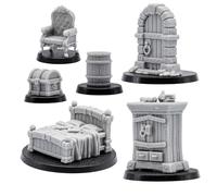 Set di oggetti di scena RPG - 6 oggetti di scena Fantasy Terrain per giochi di ruolo da tavolo | Mobili da 32 mm | DnD, Pathfinder, Wargames | Miniature di percorso forgiato | Modelli in resina grigia