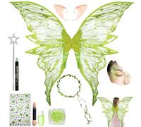 Set di Orecchie da Elfo,Ali da Fata a Forma di Farfalla+Bacchette di Fata a Stella+Corona Fiori+Gemma Viso Gioielli Adesivi,Costume Fatina, Carnevale Feste di Cosplay,Halloween