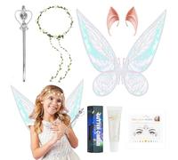 Set di Orecchie da Elfo,Bacchetta da Fata+Ali da Fata a Forma di Farfalla+Corona Fiori + Orecchie da Elfo+Glitter Gel+Gemma Viso Gioielli Adesivi,Costume Fatina Bambina, Carnevale Feste di Cosplay