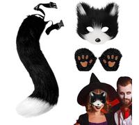 Set di orecchie e coda di gatto, coda e orecchie in pelliccia - Set di guanti e code di gatto | Costume cosplay divertente animale coda di gatto, costume da mascherata finto lupo in pelliccia