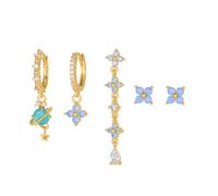Set di orecchini a fiore blu, orecchini in oro delicato da donna, orecchini a lume ipoallergenico placcato in oro 14k, orecchini a lume per piercing multiplo da donna