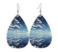 Set di orecchini a goccia in pelle con cielo blu e nuvole bianche, set di orecchini a goccia da donna, in pelle leggera, orecchini pendenti a goccia.