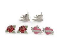 Set di orecchini a perno a forma di cuore rosa con rondine, color argento