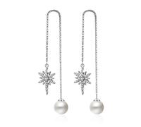 Set di orecchini, orecchini pendenti in pietra placcata argento, fiocco di neve con perla, 150 x 12,5 mm, per donna