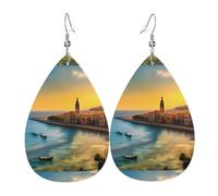 Set di orecchini pendenti in pelle a goccia con motivo tramonto a Barcellona, da donna, leggeri, in pelle sintetica.