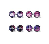 Set di orecchini satanici con immagine di diavolo sanguinoso, orecchini a perno, pentagramma invertito, Baphomet, croce leviatana e croce pastello, regalo d'amore