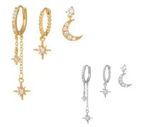 Set di Orecchini Stelle e Luna per Donne, 3 Pezzi con Zirconi, Orecchini in Acciaio Inossidabile Ipollergenici, Disponibili in Oro e Argento per Uso Quotidiano, Feste e Compleanni (argento)