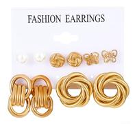 Set di orecchini vintage a forma di cuore e farfalla in oro con perle e disegni geometrici, 6 pezzi per donne alla moda, materiale in lega con finitura elettroplaccata per una maggiore durata e