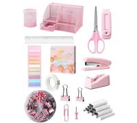 Set di organizer da scrivania e forniture per ufficio, 12 in 1, accessori da scrivania con portapenne, cucitrice, set di clip, nastro adesivo, righello, forbici, gomma, foglietti adesivi (rosa)
