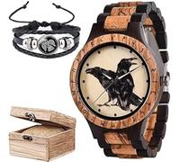 Set di orologi da uomo in legno con corvo vichingo, con catena vintage alla moda e confezione regalo, orologio da polso regolabile con incisione a mano della mitologia norrena,D