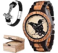 Set di orologi da uomo in legno con corvo vichingo, con catena vintage alla moda e confezione regalo, orologio da polso regolabile con incisione a mano della mitologia norrena,B