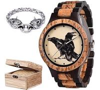 Set di orologi da uomo in legno con corvo vichingo, con catena vintage alla moda e confezione regalo, orologio da polso regolabile con incisione a mano della mitologia norrena,A