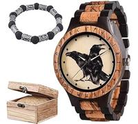 Set di orologi da uomo in legno con corvo vichingo, con catena vintage alla moda e confezione regalo, orologio da polso regolabile con incisione a mano della mitologia norrena,C