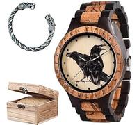 Set di orologi da uomo in legno con corvo vichingo, con catena vintage alla moda e confezione regalo, orologio da polso regolabile con incisione a mano della mitologia norrena,E