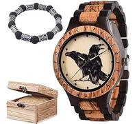 Set Di Orologi Da Uomo In Legno Corvo Vichingo, Con Catena Vintage Alla Moda E Confezione Regalo, Orologio Da Polso Regolabile Con Incisione A Mano Della Mitologia Norrena,C,Uptodate33