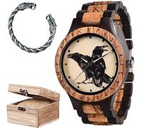 Set Di Orologi Da Uomo In Legno Corvo Vichingo, Con Catena Vintage Alla Moda E Confezione Regalo, Orologio Da Polso Regolabile Con Incisione A Mano Della Mitologia Norrena,E,Uptodate33