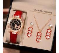 Set di orologio da donna, orologio al quarzo elegante e alla moda con quadrante rotondo, collana con ciondolo a forma di cuore e orecchini, adatto per uso quotidiano, regalo di compleanno, ritorno a s