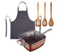 Set di padella quadrata 24 x 24 cm in alluminio pressato + 3 utensili da cucina in legno + grembiule grigio 100% cotone Optimum Copper Bergner