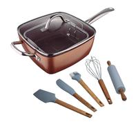 Set di padelle quadrate 24 x 24 cm in alluminio pressato + Set di 5 utensili da cucina in silicone e legno Optimum Copper Bergner