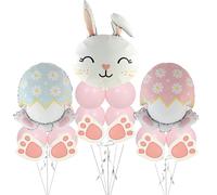 Set di palloncini a forma di uovo di coniglietto pasquale, 1 palloncino grande con testa di coniglio, 2 palloncini floreali a uova, 10 palloncini in lattice rosa, 6 biglietti con stampa di zampe
