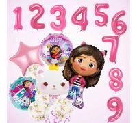 Set di palloncini a tema Gabby's Dollhouse, palloncini decorativi per feste e raduni, numeri rosa + palloncini in pellicola di alluminio periferici di Gabi, decorazione essenziale per foto di gruppo p