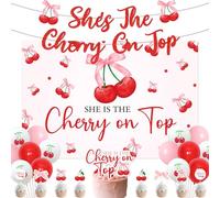 Set di palloncini con sfondo di ciliegie, con scritta in inglese "She's the Cherry On Top" e scritta "She's The Cherry On Top", con glitter, per torte e cupcake, per ragazze, compleanni, baby shower,
