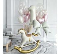 Set di palloncini numero 0-9 da 32 pollici colore crema, palloncini a forma di cavallo a dondolo e fiocco dorati, adatti per decorazione di feste di compleanno, battesimo, baby shower, anniversario, d