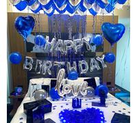 Set di palloncini per compleanno blu e argento 30/551/553 pezzi, 500 pezzi di petali in tessuto non tessuto, lettere per striscione di buon compleanno + palloncini in foil a forma di amore e cuore, sf