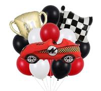 Set di palloncini per feste di compleanno con auto da corsa, 12 palloncini in lamina a scacchi, grande auto da corsa, trofeo oro e palloncini in lattice nero opaco bianco rosso per due decorazioni
