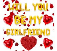 Set di palloncini, vuoi essere la mia ragazza, lettere, palloncini, palloncini a cuore, petali di rosa, decorazioni per la proposta di San Valentino, confessione (oro)