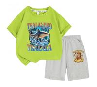 Set di Pantaloncini a Maniche Corte per Ragazzi e Ragazze, Top t-Shirt per Bambini Italian Brainrot AI Animals, Pantaloncini per Bambini,Verde,100cm