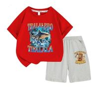 Set di Pantaloncini a Maniche Corte per Ragazzi e Ragazze, Top t-Shirt per Bambini Italian Brainrot AI Animals, Pantaloncini per Bambini,Rosso,100cm