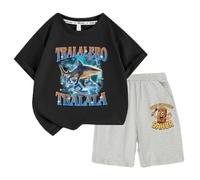 Set di Pantaloncini a Maniche Corte per Ragazzi e Ragazze, Top t-Shirt per Bambini Italian Brainrot AI Animals, Pantaloncini per Bambini,Nero,100cm