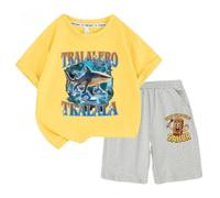 Set di Pantaloncini a Maniche Corte per Ragazzi e Ragazze, Top t-Shirt per Bambini Italian Brainrot AI Animals, Pantaloncini per Bambini,Giallo,100cm