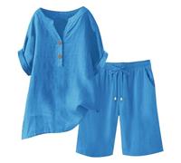 Set di pantaloncini da donna UK Button V-collo a maniche corte tunica top camicette e tasche con coulisse pantaloncini estivi 2 pezzi abbigliamento da salotto Acquista di nuovo I miei ordini Saldi