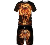 Set di pantaloncini estivi a maniche corte con stampa 3D con lupo animale, casual, per sport di strada, da uomo e da donna, 9 (UK), M