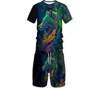 Set di pantaloncini estivi a maniche corte con stampa 3D con lupo animale, casual, per sport di strada, da uomo e da donna, 4, XL