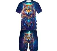 Set di pantaloncini estivi a maniche corte con stampa 3D con lupo animale, casual, per sport di strada, da uomo e da donna, 6, L