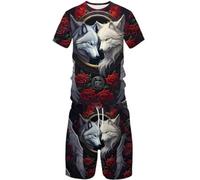 Set di pantaloncini estivi a maniche corte con stampa 3D con lupo animale, casual, per sport di strada, da uomo e da donna, 3, S