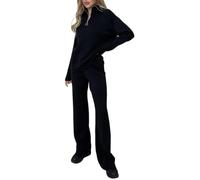 Set di pantaloni da donna a collo alto, mezza cerniera, maniche lunghe, pantaloni a gamba larga, set da 2 pezzi, Nero , M