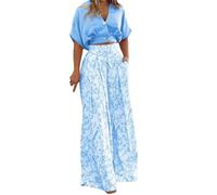 Set di pantaloni da donna a due pezzi a maniche corte con scollo a V top a gamba larga pantaloni outfit estivo set due pezzi per le donne, blu cielo, XXL