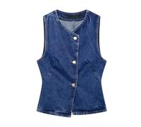 Set di pantaloni da donna in denim tinta unita con gilet corto + catena con lacci femminili a gamba larga pantaloni lunghi, Gilet di Jeans, S