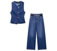 Set di pantaloni da donna in denim tinta unita con gilet corto + catena con lacci femminili a gamba larga pantaloni lunghi, Abito di Jeans, L