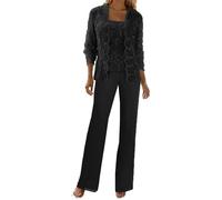 Set di pantaloni da sera per occasioni speciali, 3 pezzi, con bordi smerlati, giacche eleganti in chiffon e pizzo, set di pantaloni formali, Nero , US 16W