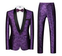 Set di pantaloni da uomo con 1 bottone e blazer per feste di fine anno, abito da smoking floreale, 2 pezzi, abito elegante da sposa, Viola, XL