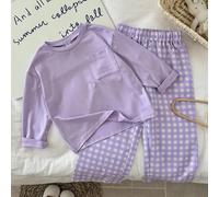 Set di pantaloni lunghi casual con collo a C e pantaloni a quadri alla moda, adatto per il tempo libero, attività all'aperto o vacanze, che offre un aspetto comodo e alla Moda per la stagione autunnal