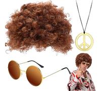 Set di parrucca da uomo hippie - Include parrucca afro, per capelli hippie da uomo | Occhiali da sole, collana da discoteca, forniture per feste a tema anni '50/60/70, Marrone chiaro, Se