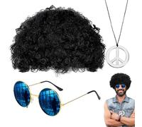 Set di parrucca da uomo hippie - Include parrucca afro, per capelli hippie da uomo | Occhiali da sole, collana da discoteca, forniture per feste a tema anni '50/60/70, Nero, Se référer au